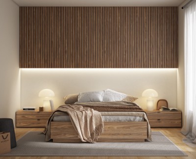 Schlafzimmer mit Doppelbett mit Kommode, Nachttischen und Kleiderschrank mit Flügeltüren