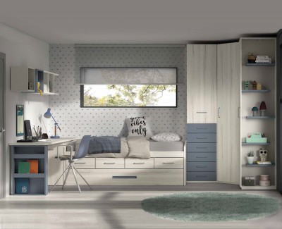 Jugendzimmer mit Ausziehbett mit 4 Schubladen, Schreibtisch und Eckschrank