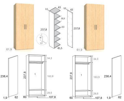 Kleiderschrank mit 4 Flügeltüren und Regal