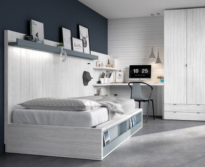 Kompaktbett mit Truhe und Klappfächern