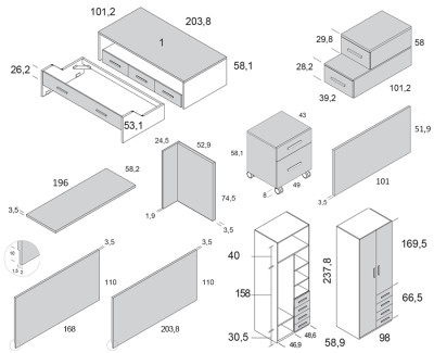 Kinderzimmer mit Ausziehbett, Kleiderschrank und Schreibtisch mit 2 Schubladen