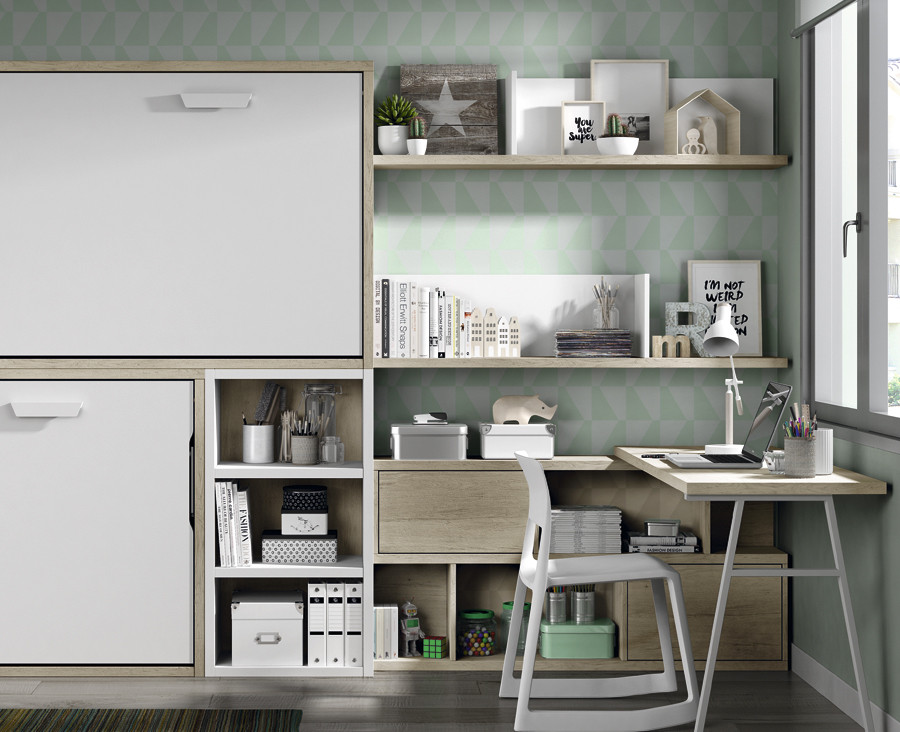 Jugendzimmer bestehend aus Etagenklappbett, Schreibtisch und Regalen