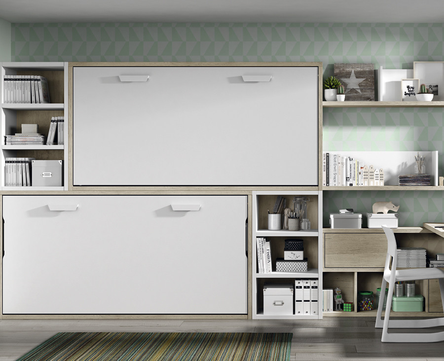 Jugendzimmer bestehend aus Etagenklappbett, Schreibtisch und Regalen